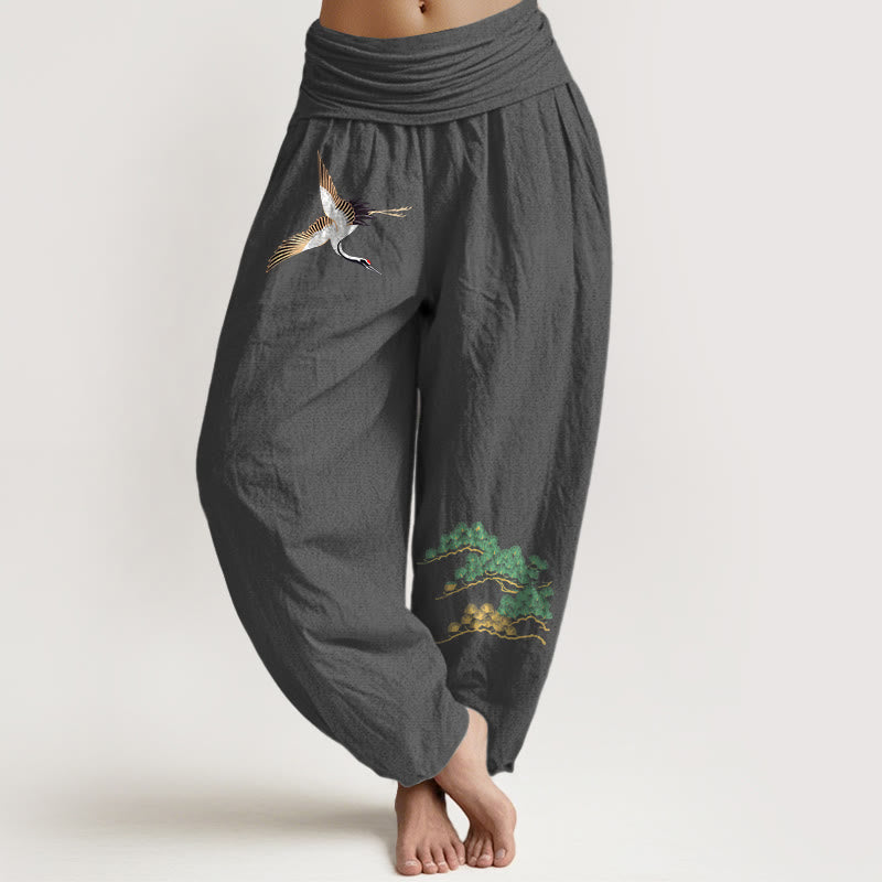 Women's Pure Cotton Crane Pine Tree Pattern Elastic Waist Harem Pants