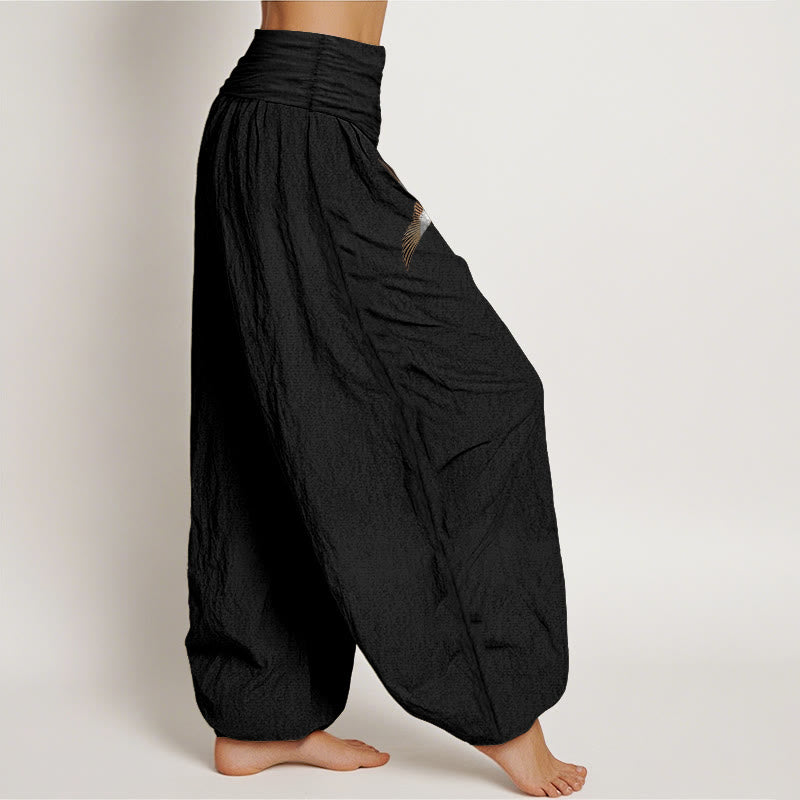 Women's Pure Cotton Crane Pine Tree Pattern Elastic Waist Harem Pants