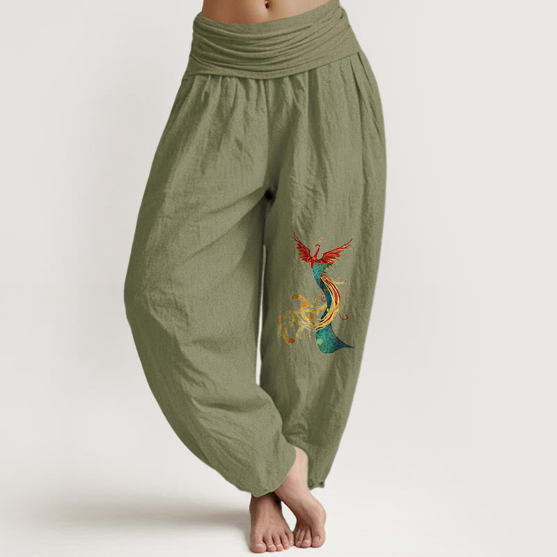 Women's Pure Cotton Colored Phoenix Pattern Elastic Waist Harem Pants