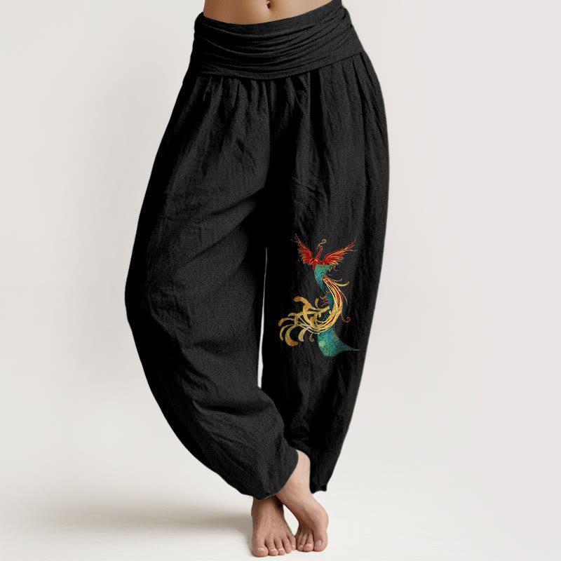 Women's Pure Cotton Colored Phoenix Pattern Elastic Waist Harem Pants
