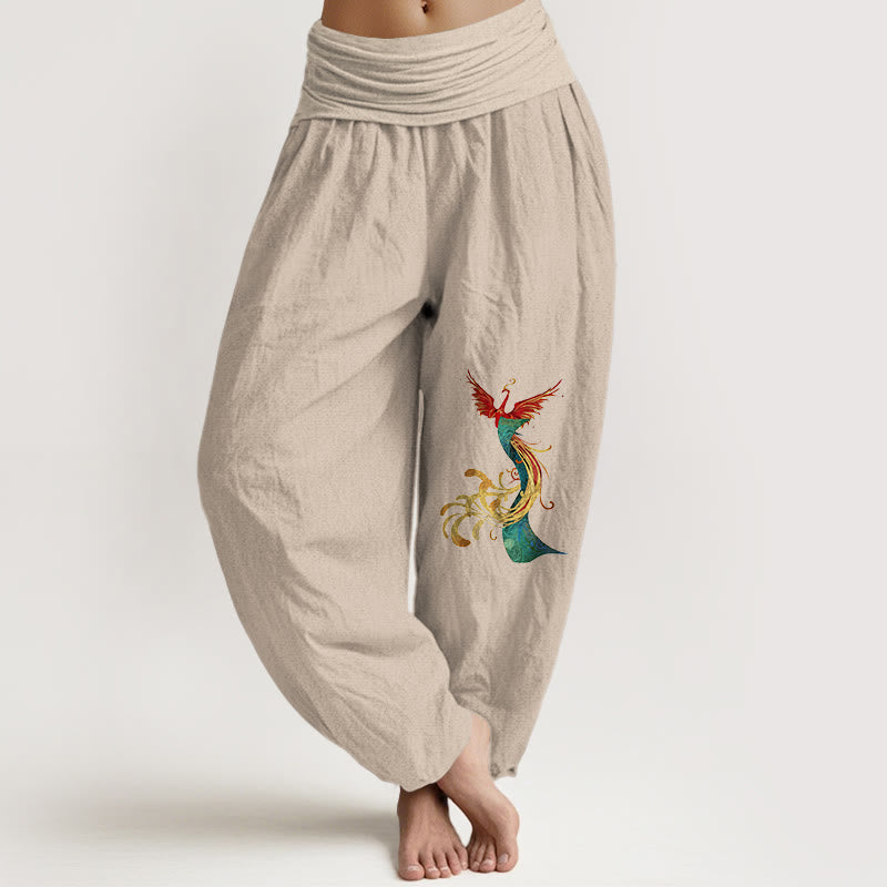 Women's Pure Cotton Colored Phoenix Pattern Elastic Waist Harem Pants