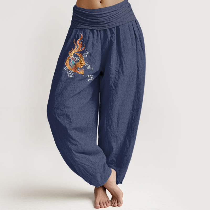 Women's Pure Cotton Phoenix Auspicious Cloud Pattern Elastic Waist Harem Pants