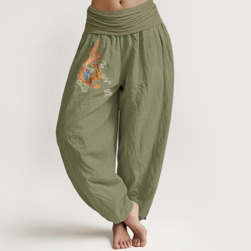 Women's Pure Cotton Phoenix Auspicious Cloud Pattern Elastic Waist Harem Pants