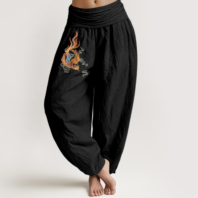 Women's Pure Cotton Phoenix Auspicious Cloud Pattern Elastic Waist Harem Pants