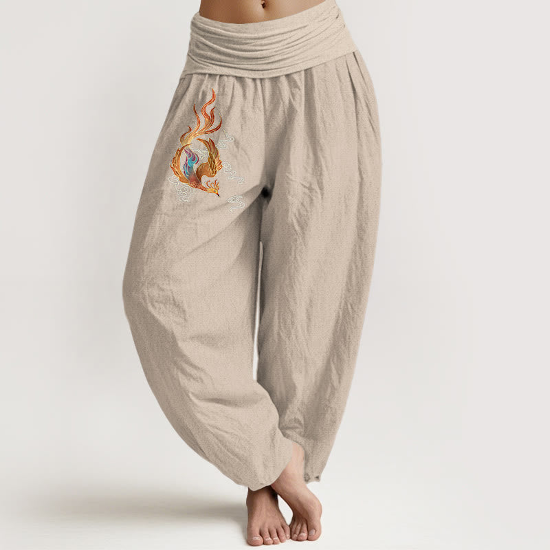 Women's Pure Cotton Phoenix Auspicious Cloud Pattern Elastic Waist Harem Pants