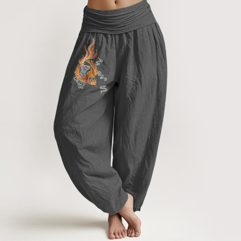 Women's Pure Cotton Phoenix Auspicious Cloud Pattern Elastic Waist Harem Pants