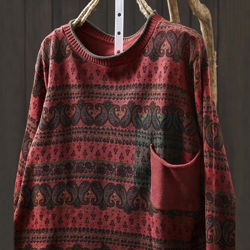 Botanical Print Cotton Crew Neck Grounding Sweater with Pocket