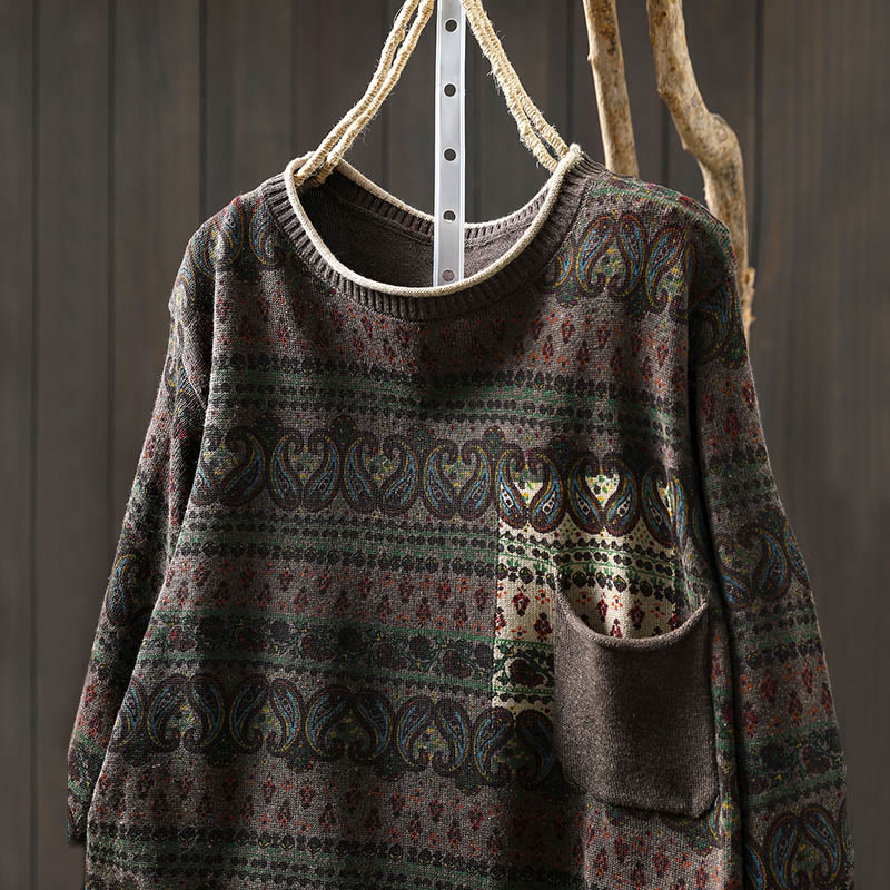 Botanical Print Cotton Crew Neck Grounding Sweater with Pocket