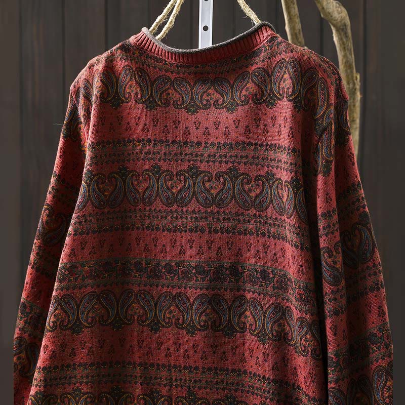 Botanical Print Cotton Crew Neck Grounding Sweater with Pocket