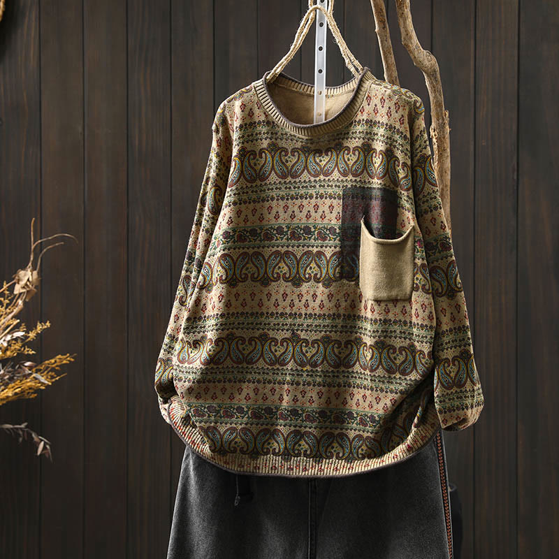 Botanical Print Cotton Crew Neck Grounding Sweater with Pocket