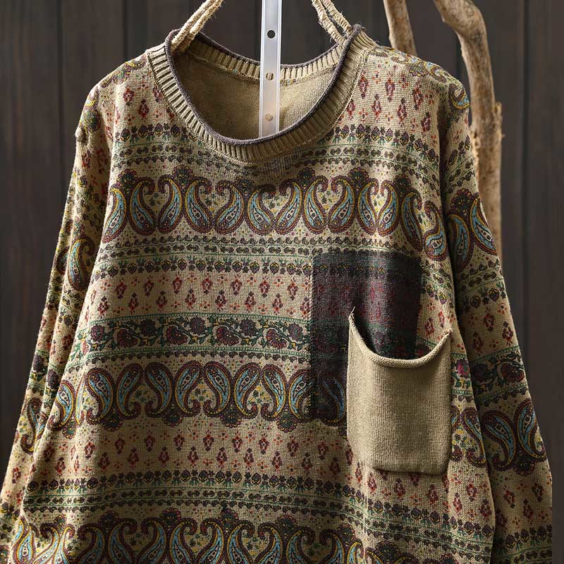 Botanical Print Cotton Crew Neck Grounding Sweater with Pocket