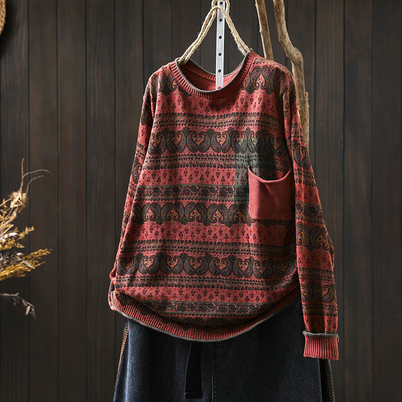 Botanical Print Cotton Crew Neck Grounding Sweater with Pocket