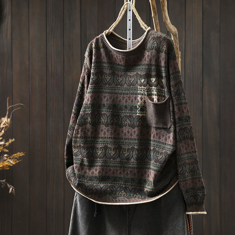 Botanical Print Cotton Crew Neck Grounding Sweater with Pocket