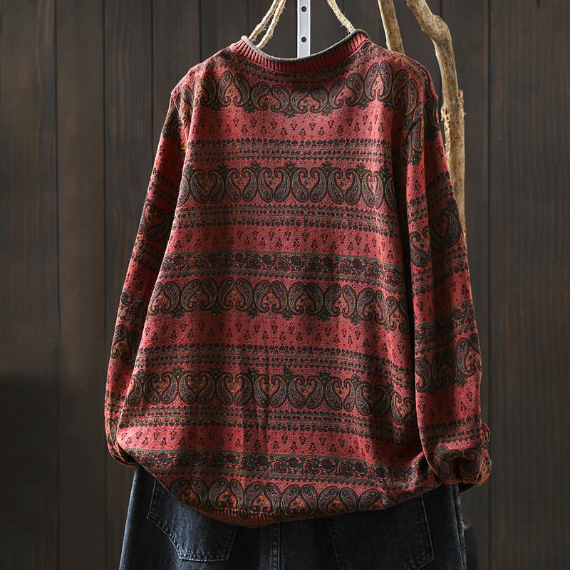 Botanical Print Cotton Crew Neck Grounding Sweater with Pocket