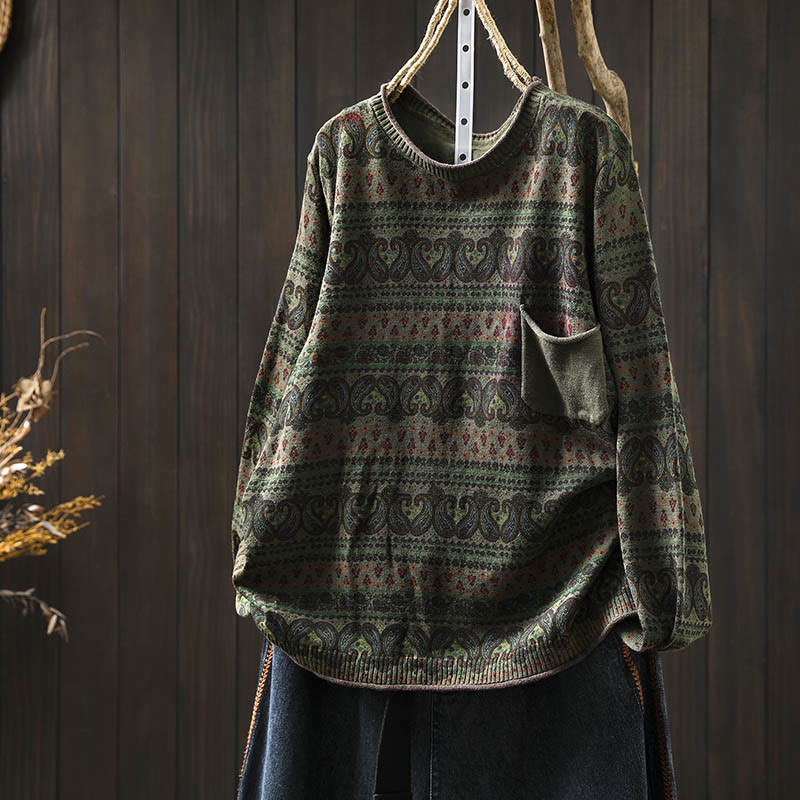 Botanical Print Cotton Crew Neck Grounding Sweater with Pocket