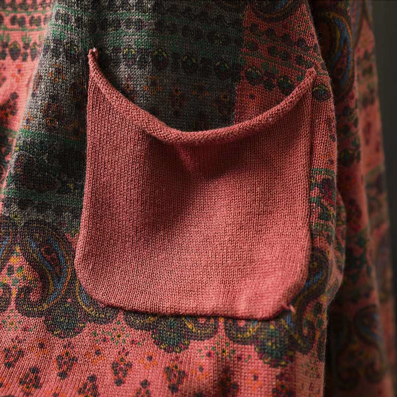 Botanical Print Cotton Crew Neck Grounding Sweater with Pocket