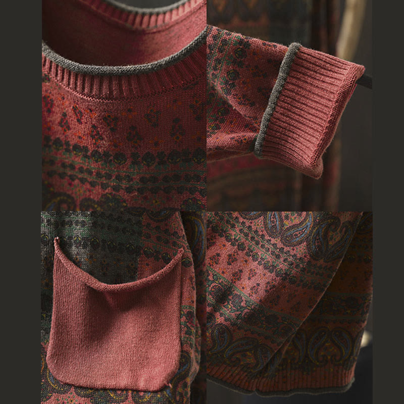 Botanical Print Cotton Crew Neck Grounding Sweater with Pocket