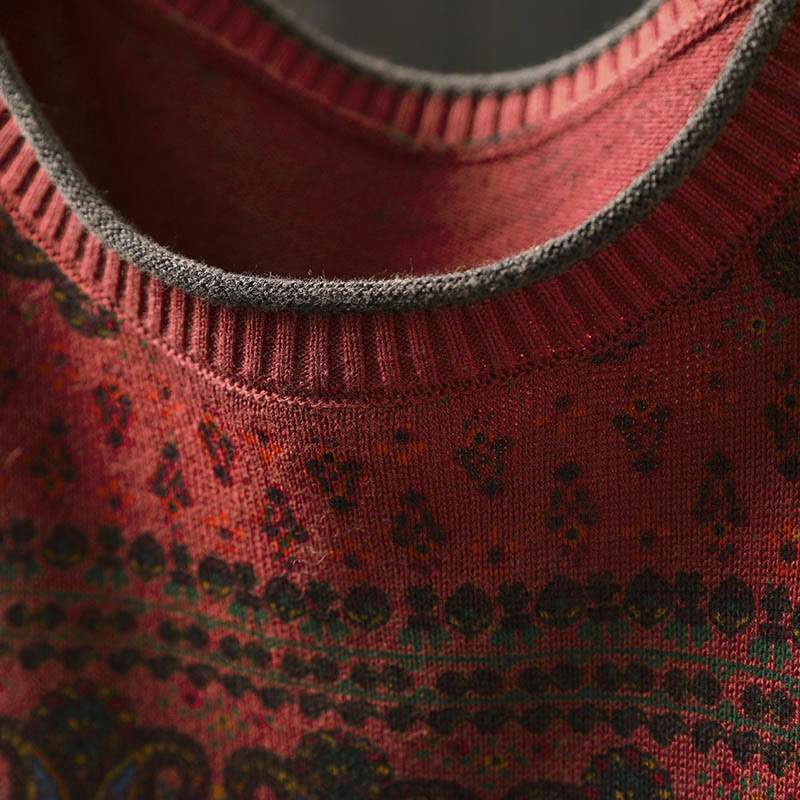 Botanical Print Cotton Crew Neck Grounding Sweater with Pocket