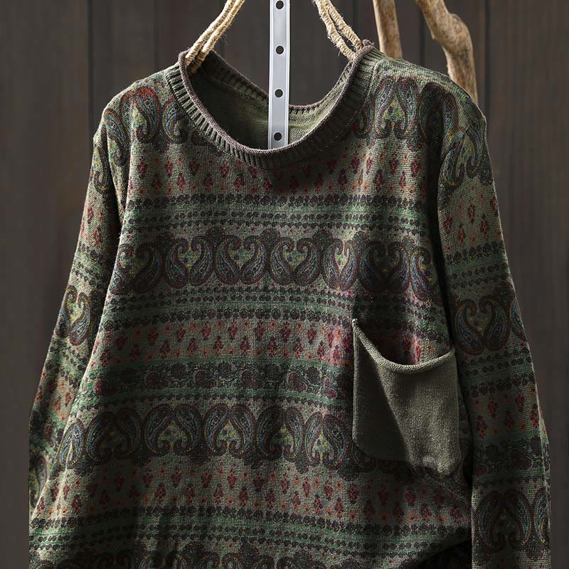 Botanical Print Cotton Crew Neck Grounding Sweater with Pocket