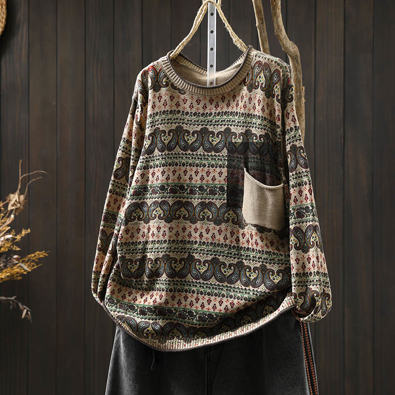 Botanical Print Cotton Crew Neck Grounding Sweater with Pocket