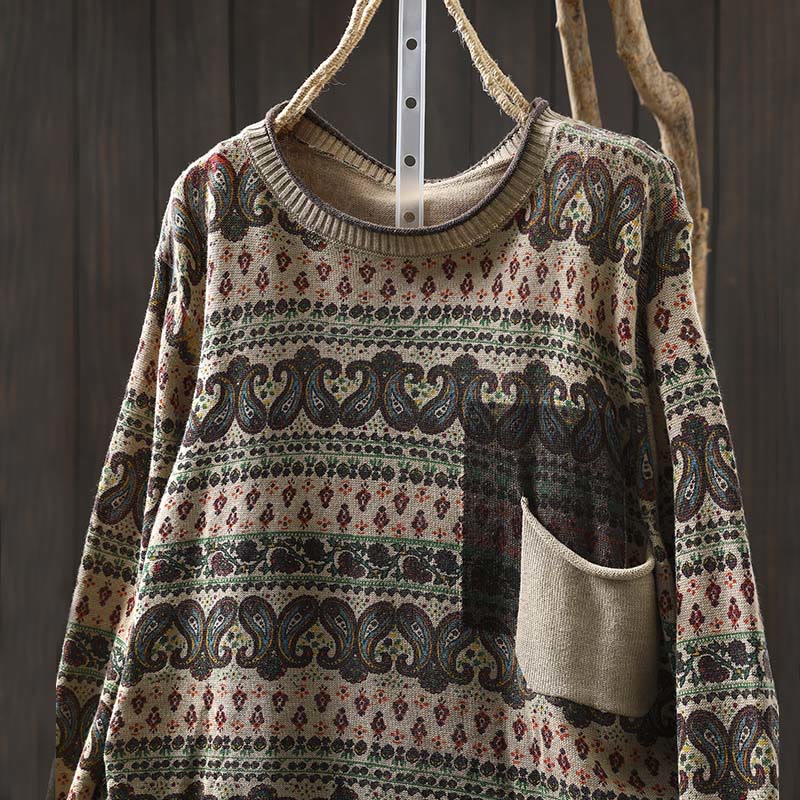 Botanical Print Cotton Crew Neck Grounding Sweater with Pocket