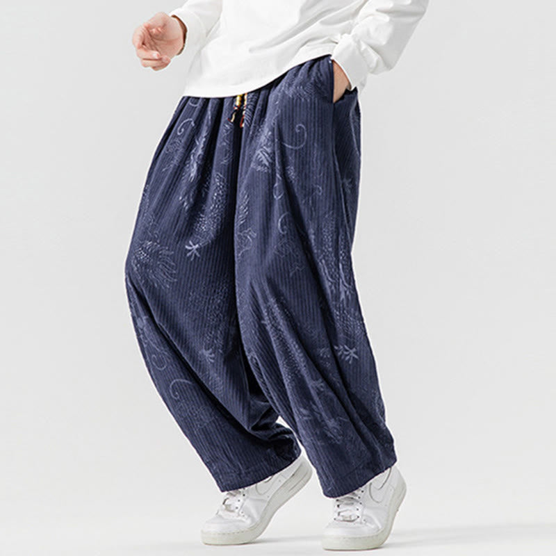 Winter Dragon Phoenix Pattern Cotton Corduroy Men's Harem Pants With Pockets