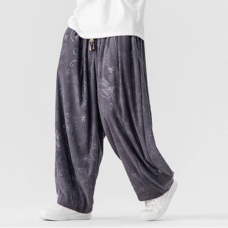 Winter Dragon Phoenix Pattern Cotton Corduroy Men's Harem Pants With Pockets