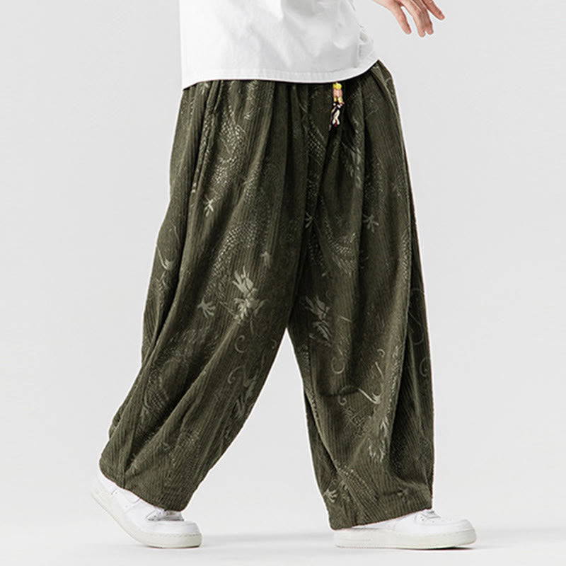 Winter Dragon Phoenix Pattern Cotton Corduroy Men's Harem Pants With Pockets