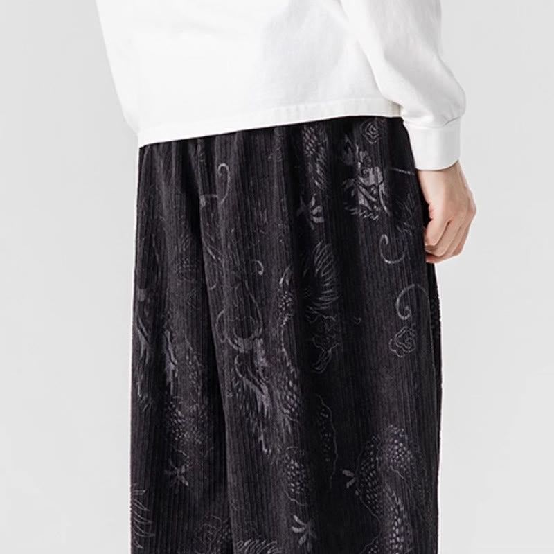 Winter Dragon Phoenix Pattern Cotton Corduroy Men's Harem Pants With Pockets