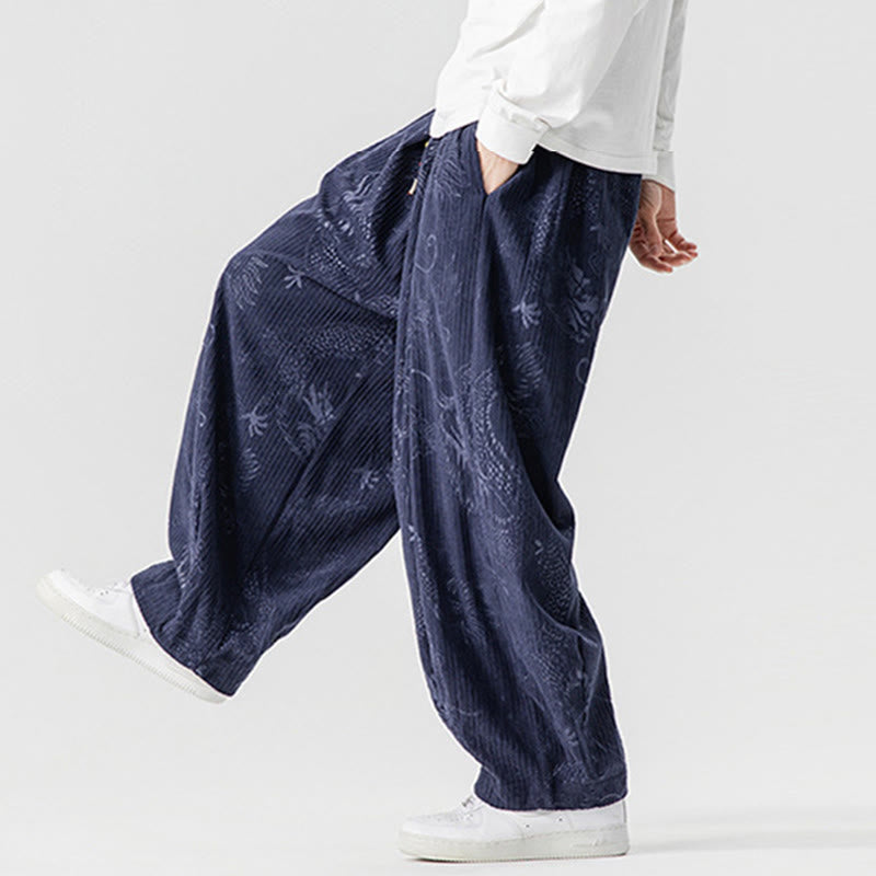Winter Dragon Phoenix Pattern Cotton Corduroy Men's Harem Pants With Pockets