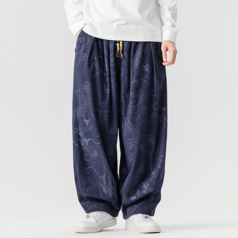 Winter Dragon Phoenix Pattern Cotton Corduroy Men's Harem Pants With Pockets