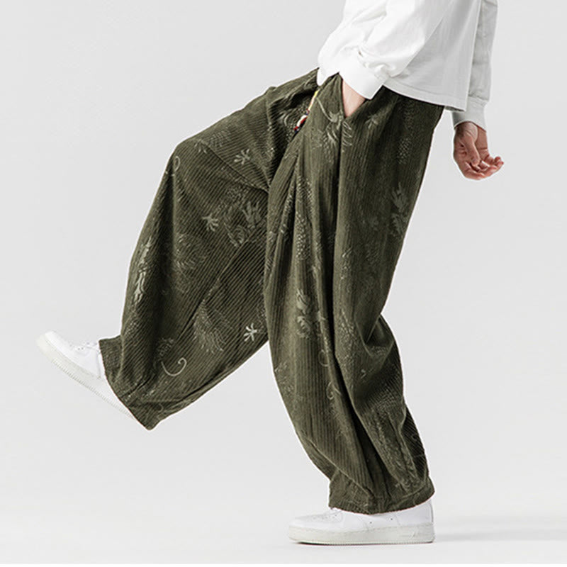 Winter Dragon Phoenix Pattern Cotton Corduroy Men's Harem Pants With Pockets