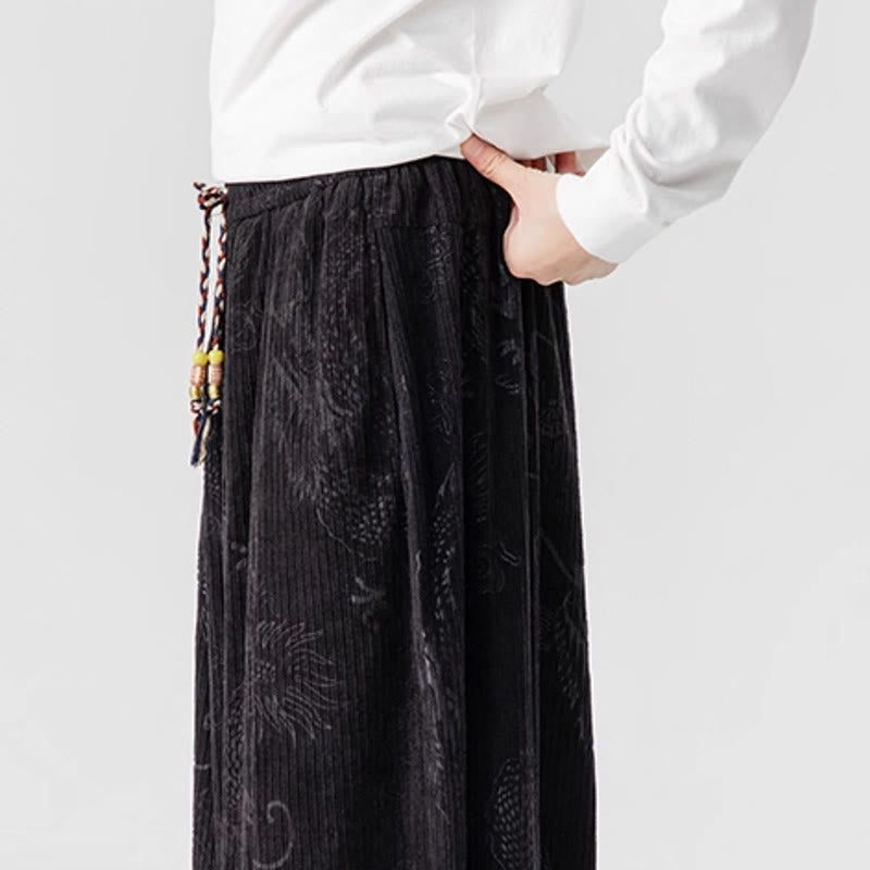 Winter Dragon Phoenix Pattern Cotton Corduroy Men's Harem Pants With Pockets