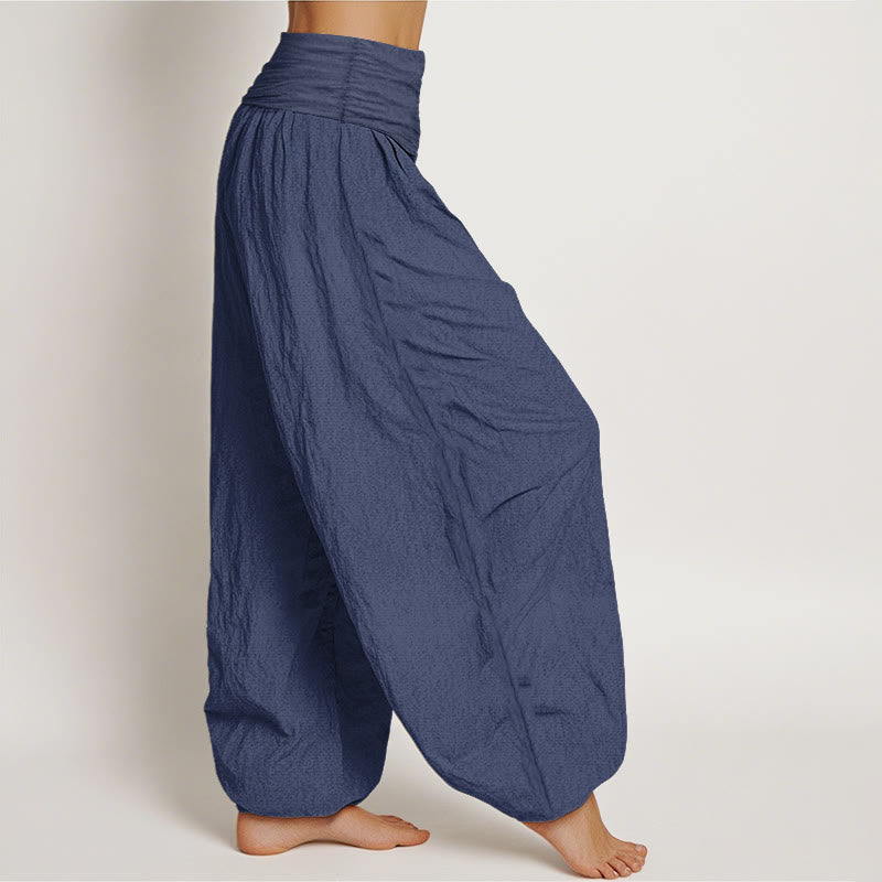 "Namaste" Meditating Figure Lotus Pattern Women's Elastic Waist Harem Pure Cotton Pants