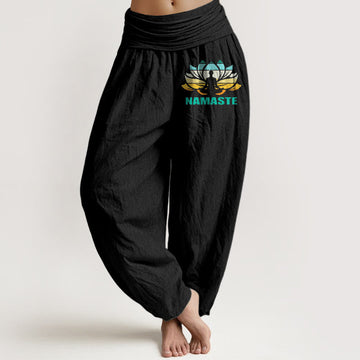 "Namaste" Meditating Figure Lotus Pattern Women's Elastic Waist Harem Pure Cotton Pants