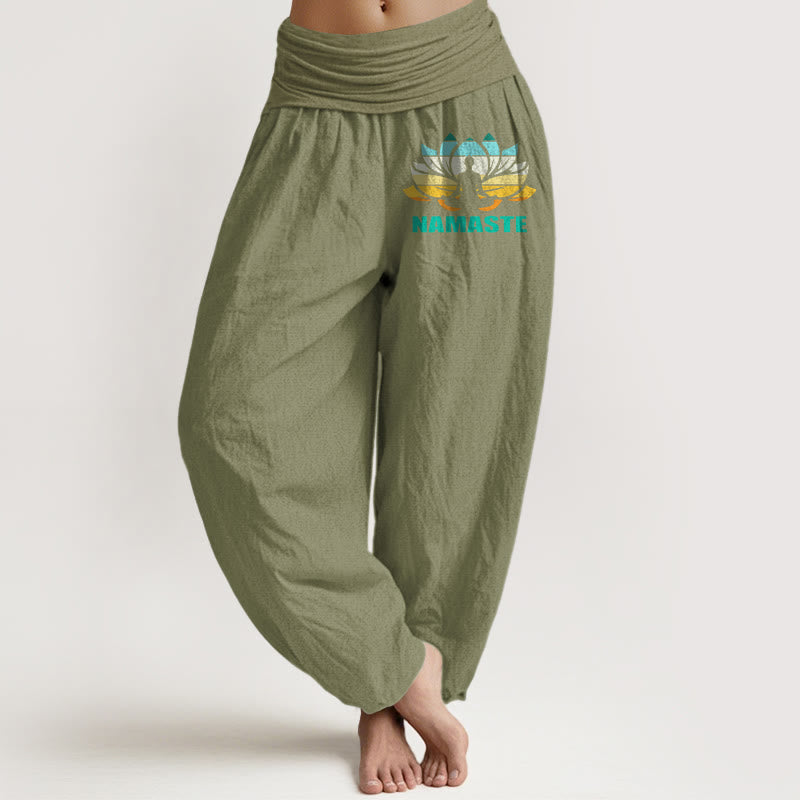"Namaste" Meditating Figure Lotus Pattern Women's Elastic Waist Harem Pure Cotton Pants