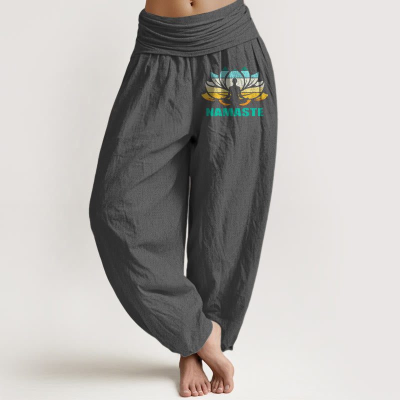 "Namaste" Meditating Figure Lotus Pattern Women's Elastic Waist Harem Pure Cotton Pants