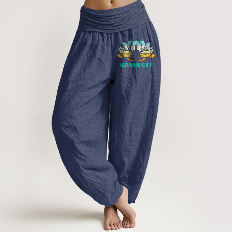 "Namaste" Meditating Figure Lotus Pattern Women's Elastic Waist Harem Pure Cotton Pants