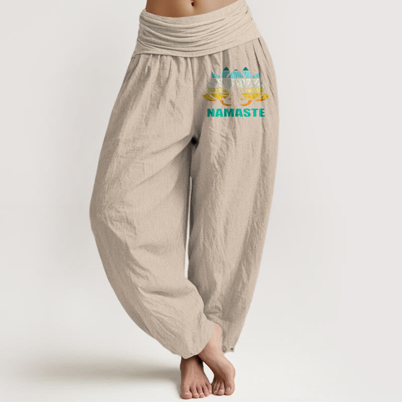 "Namaste" Meditating Figure Lotus Pattern Women's Elastic Waist Harem Pure Cotton Pants
