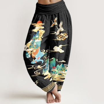 Tactile Cotton Crane Print Mindful Meditation Harem Pants
