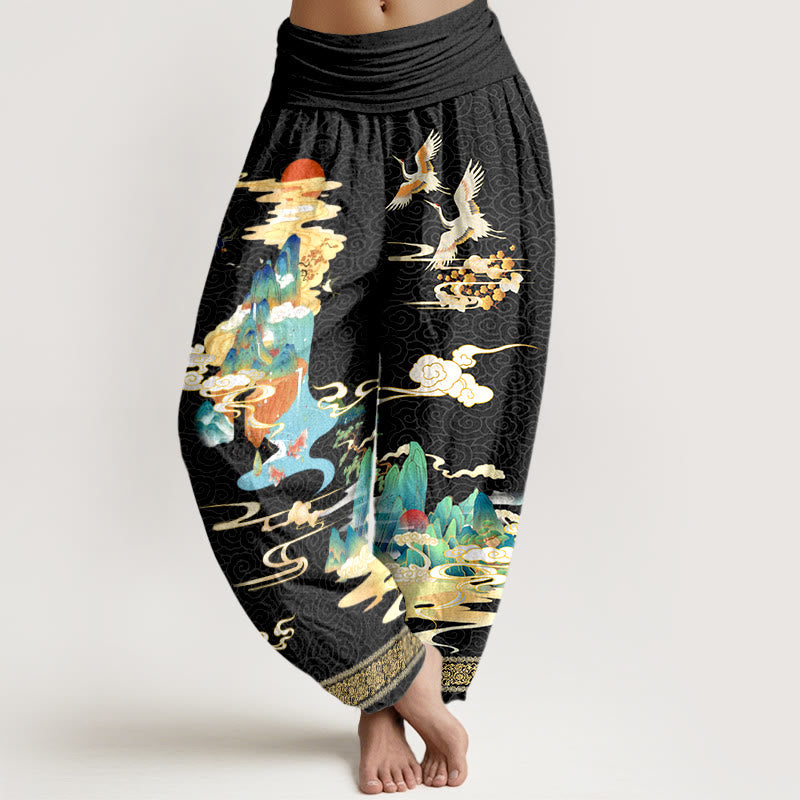Tactile Cotton Crane Print Mindful Meditation Harem Pants