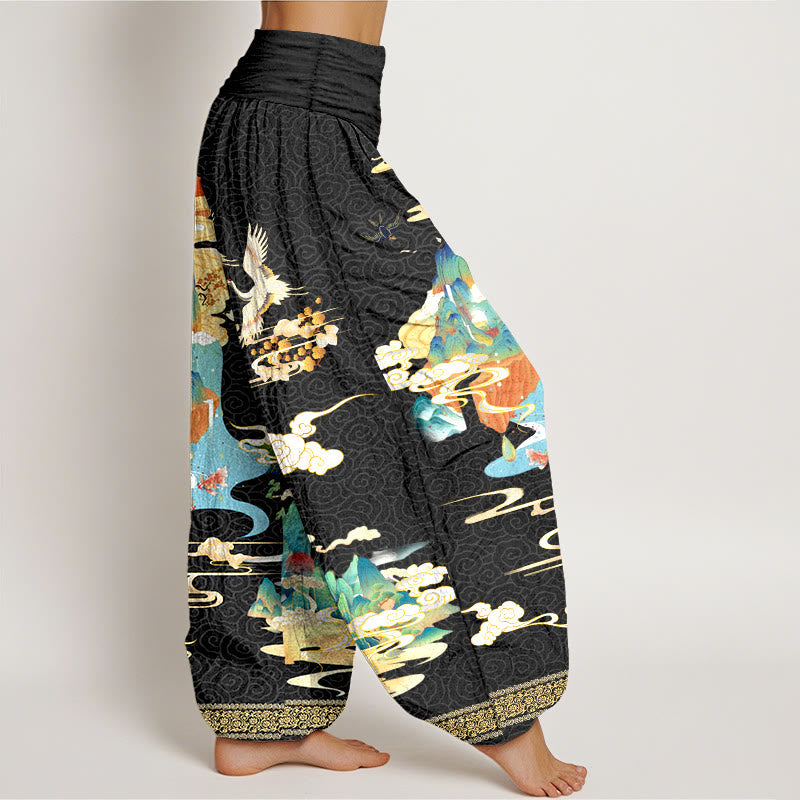 Tactile Cotton Crane Print Mindful Meditation Harem Pants