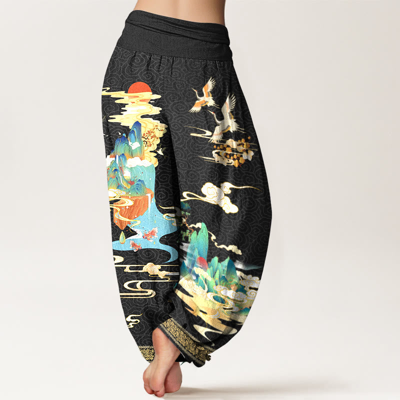 Tactile Cotton Crane Print Mindful Meditation Harem Pants