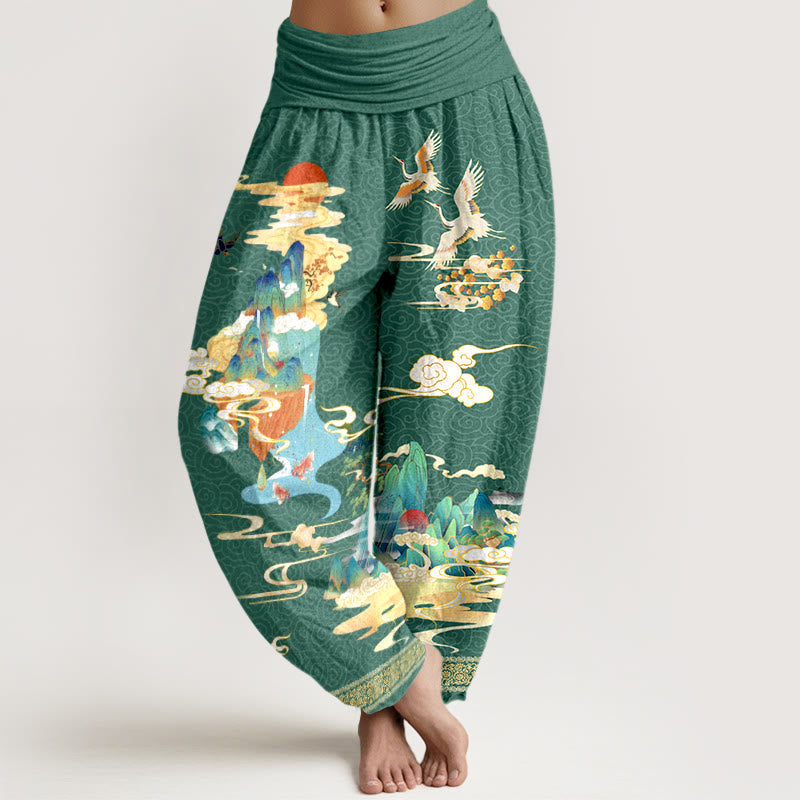 Tactile Cotton Crane Print Mindful Meditation Harem Pants