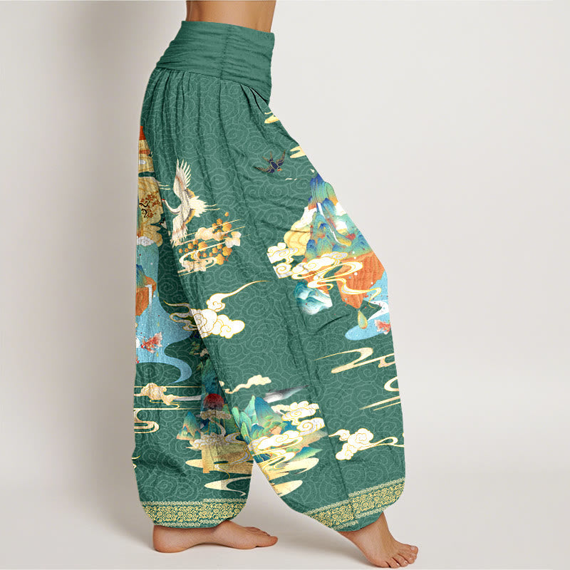 Tactile Cotton Crane Print Mindful Meditation Harem Pants