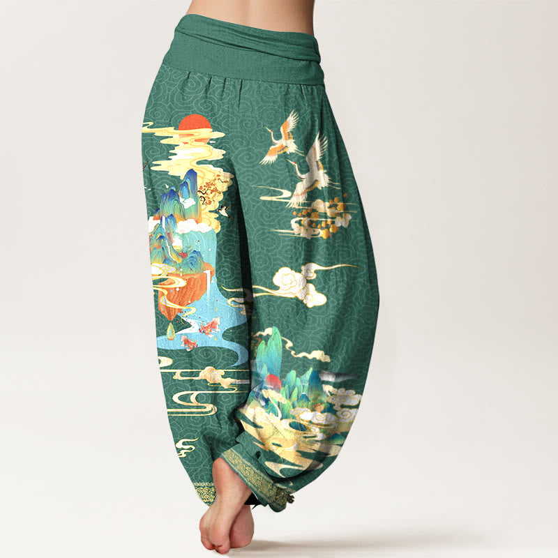 Tactile Cotton Crane Print Mindful Meditation Harem Pants