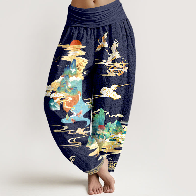 Tactile Cotton Crane Print Mindful Meditation Harem Pants