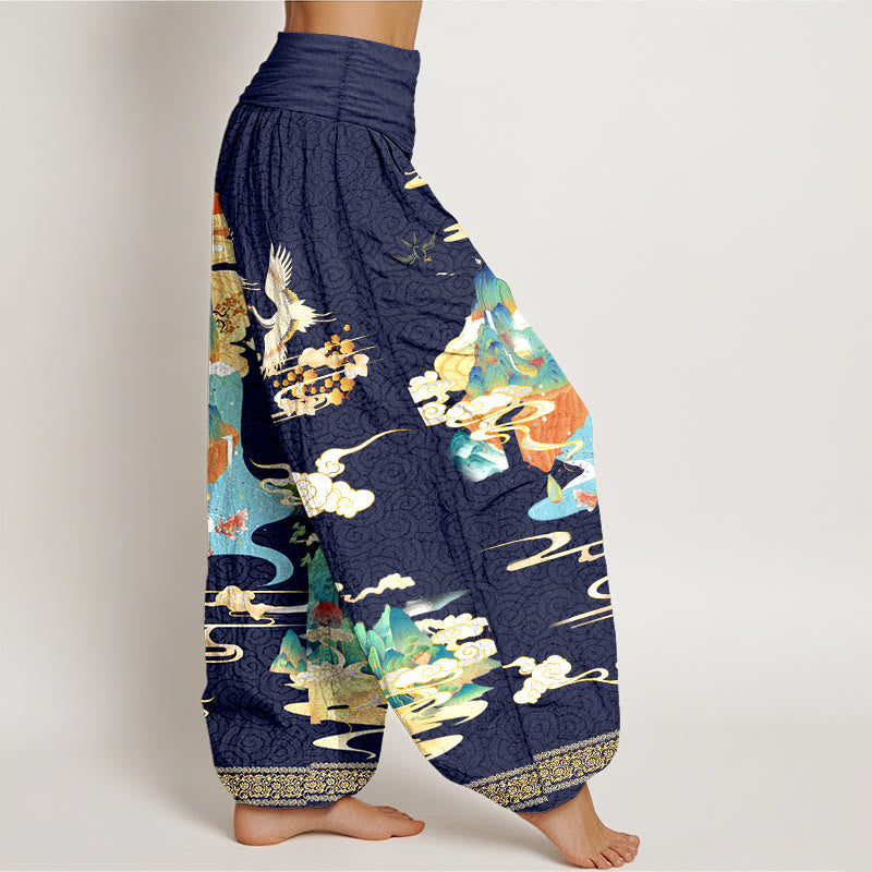 Tactile Cotton Crane Print Mindful Meditation Harem Pants
