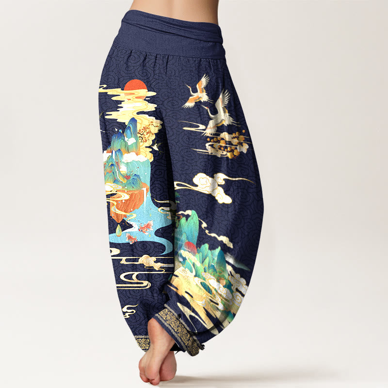 Tactile Cotton Crane Print Mindful Meditation Harem Pants