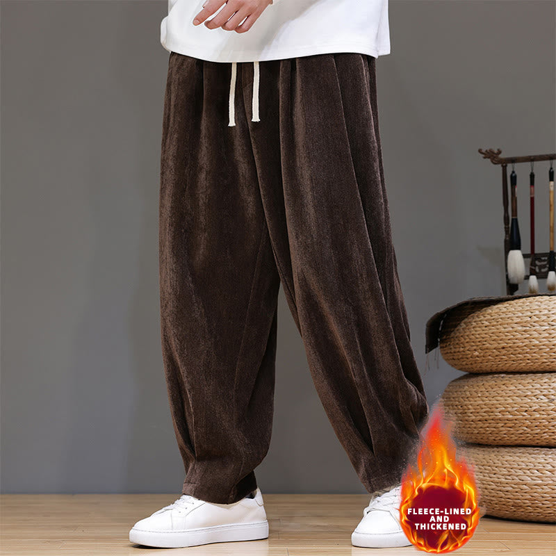 Winter Pure Color Cotton Men's Harem Thickened Fleece-lined Pants With Pockets